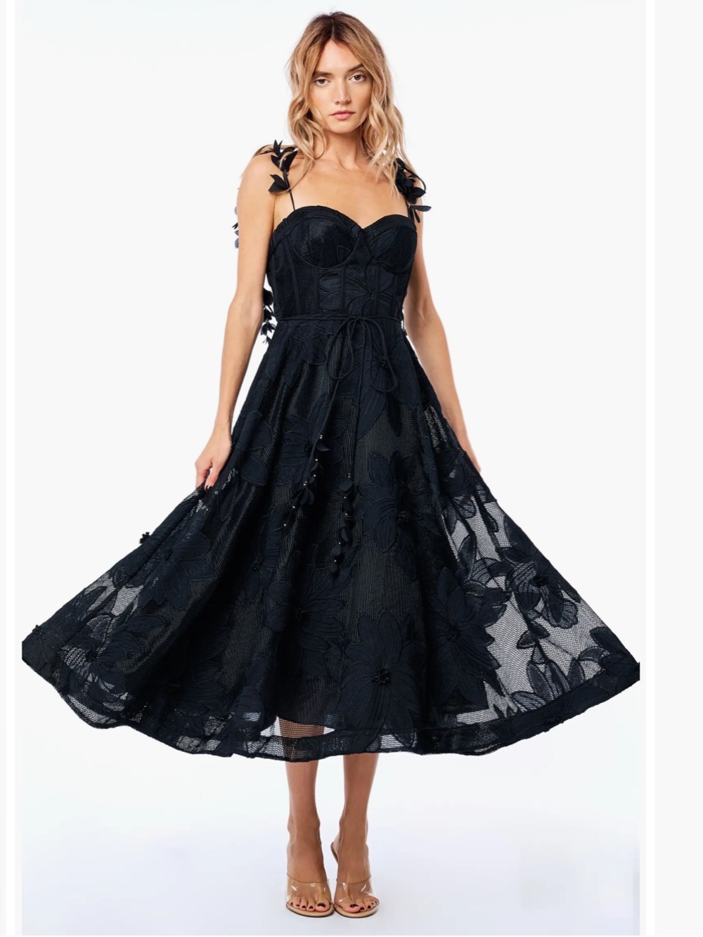 CIEBON Emilia Bustier Lace Midi Cocktail
Dress Black Floral Lace Tie-Strap SZ XS